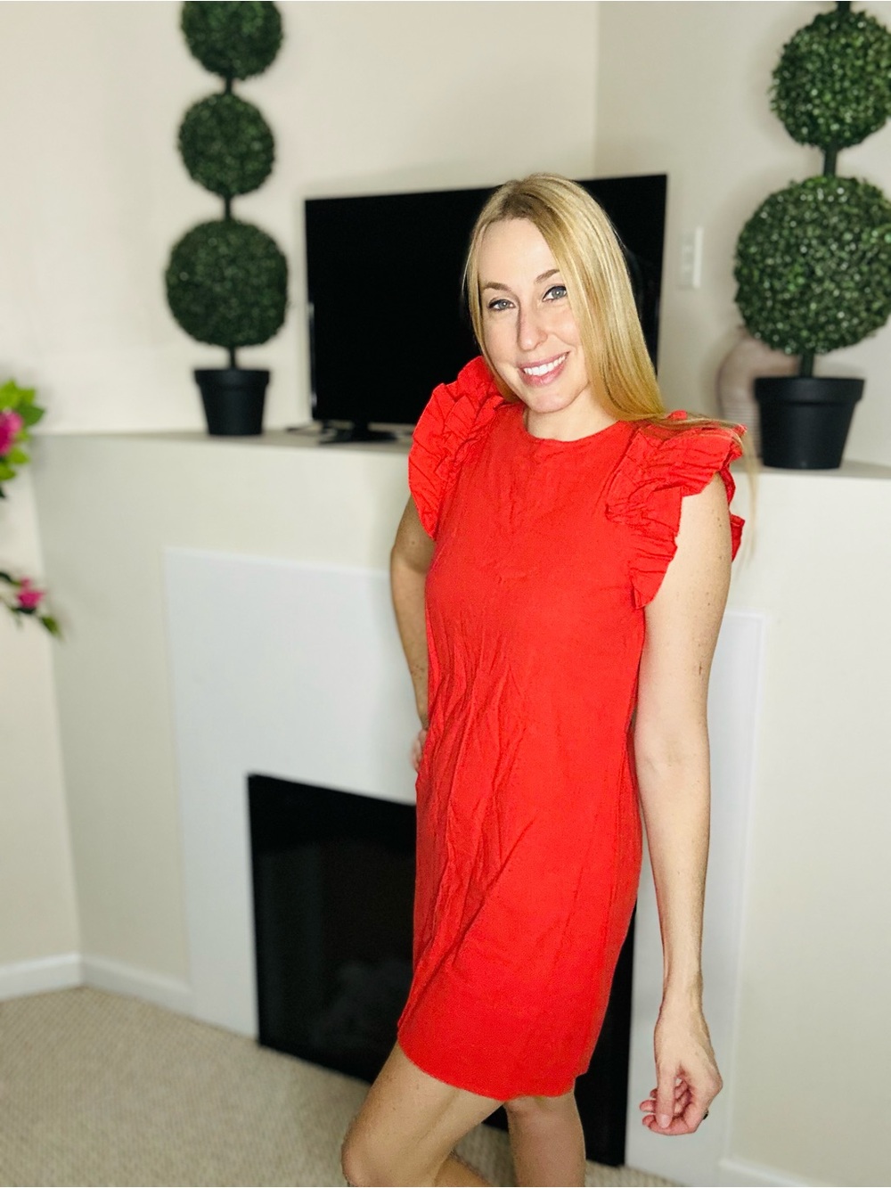New SHEIN Red Ruffle Sleeve Shift Mini Dress